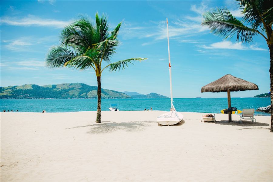 Palm tree and thatched umbrella on a white sand beach