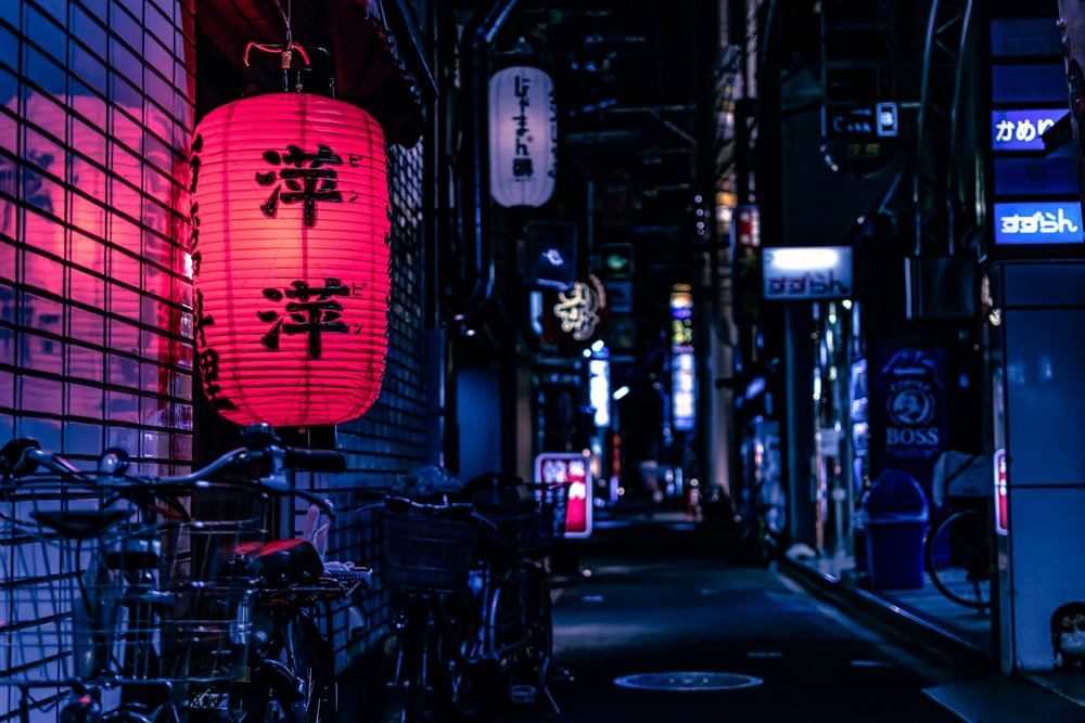 Neon-lit alley with a glowing red lantern in Tokyo